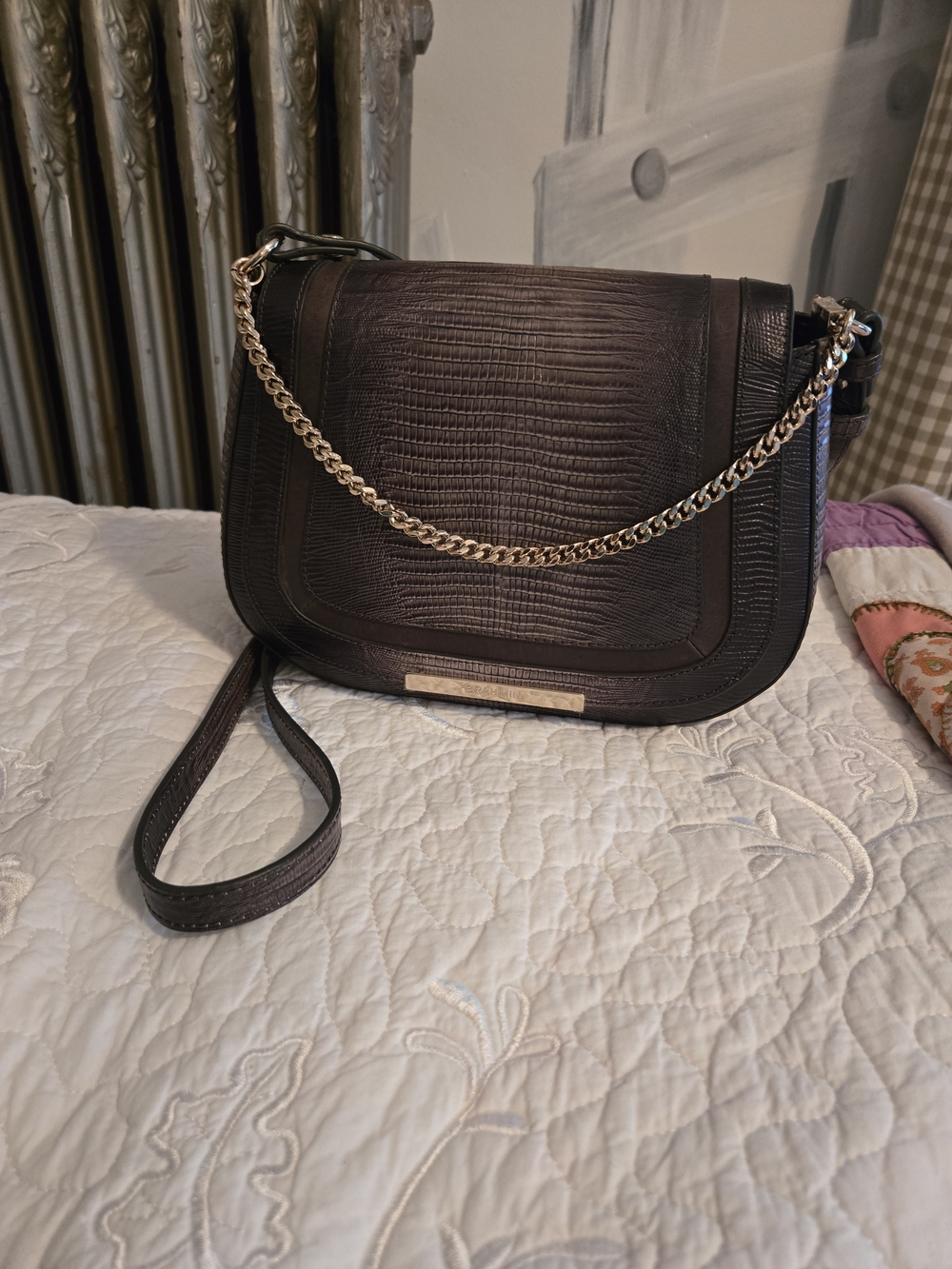 NWOT BRAHMIN Dark Brown Textured Purse with Leather Strap and Gold Chain